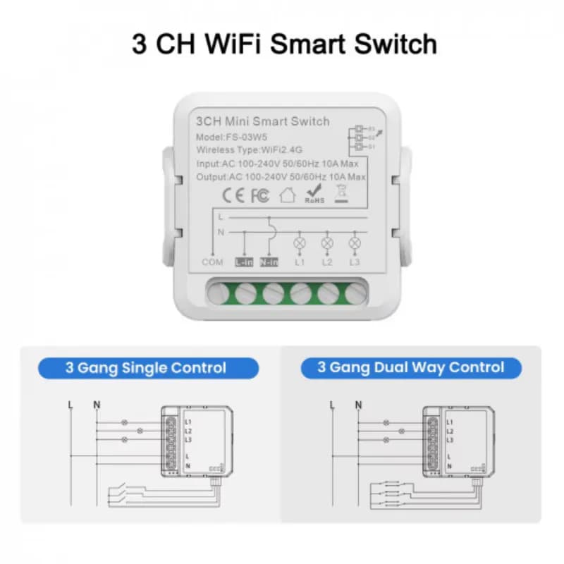 Mini wifi receiver module 3 gang with neutral 10A compatible with Tuya and Alexa