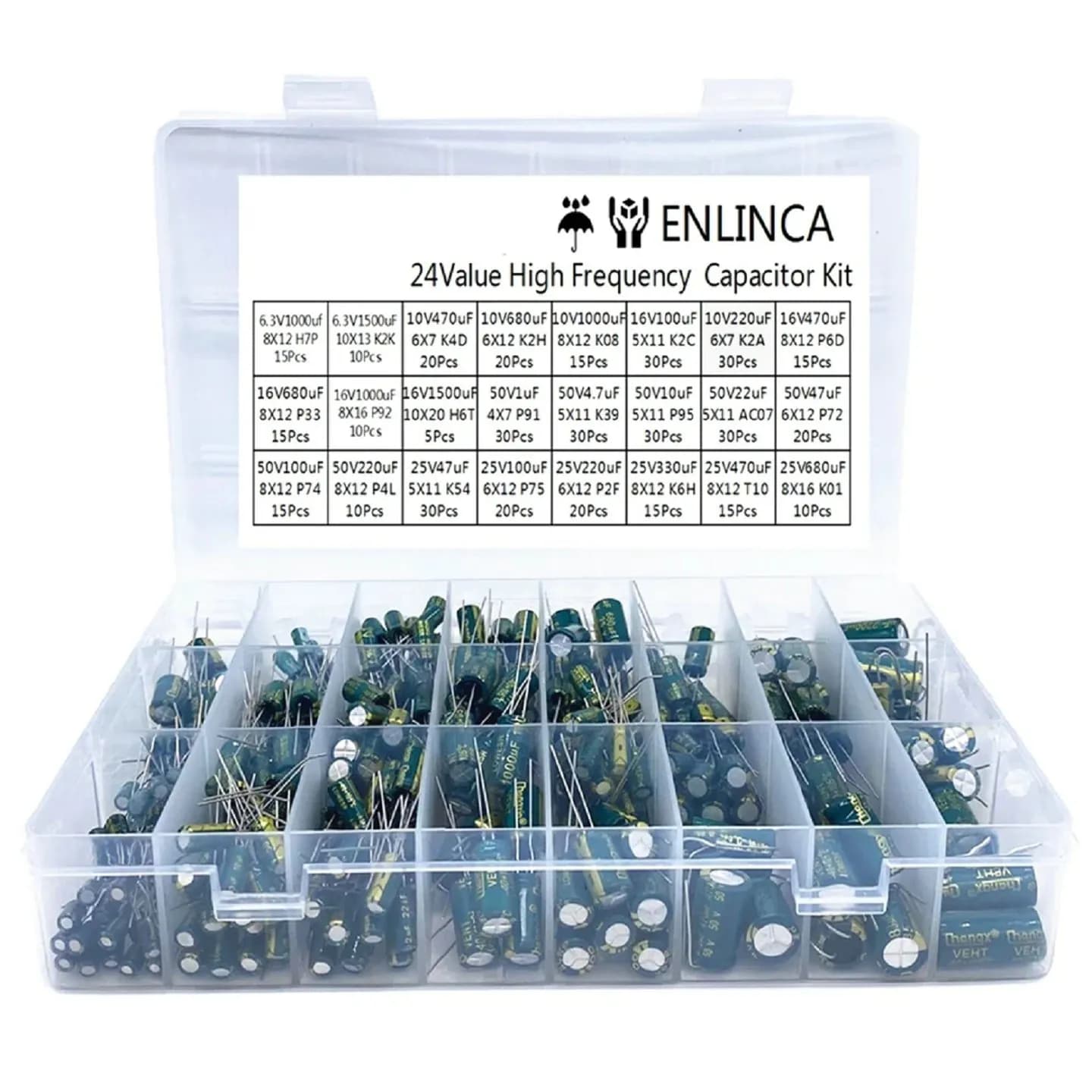 460Pcs 24Values Aluminum Electrolytic Capacitor Kit 6.3V-50V 1F-1500uF