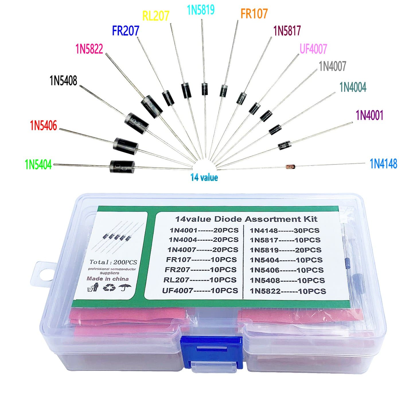 Diode Assortment Kit (14 Part numbers, Total 200 pcs) — image 1