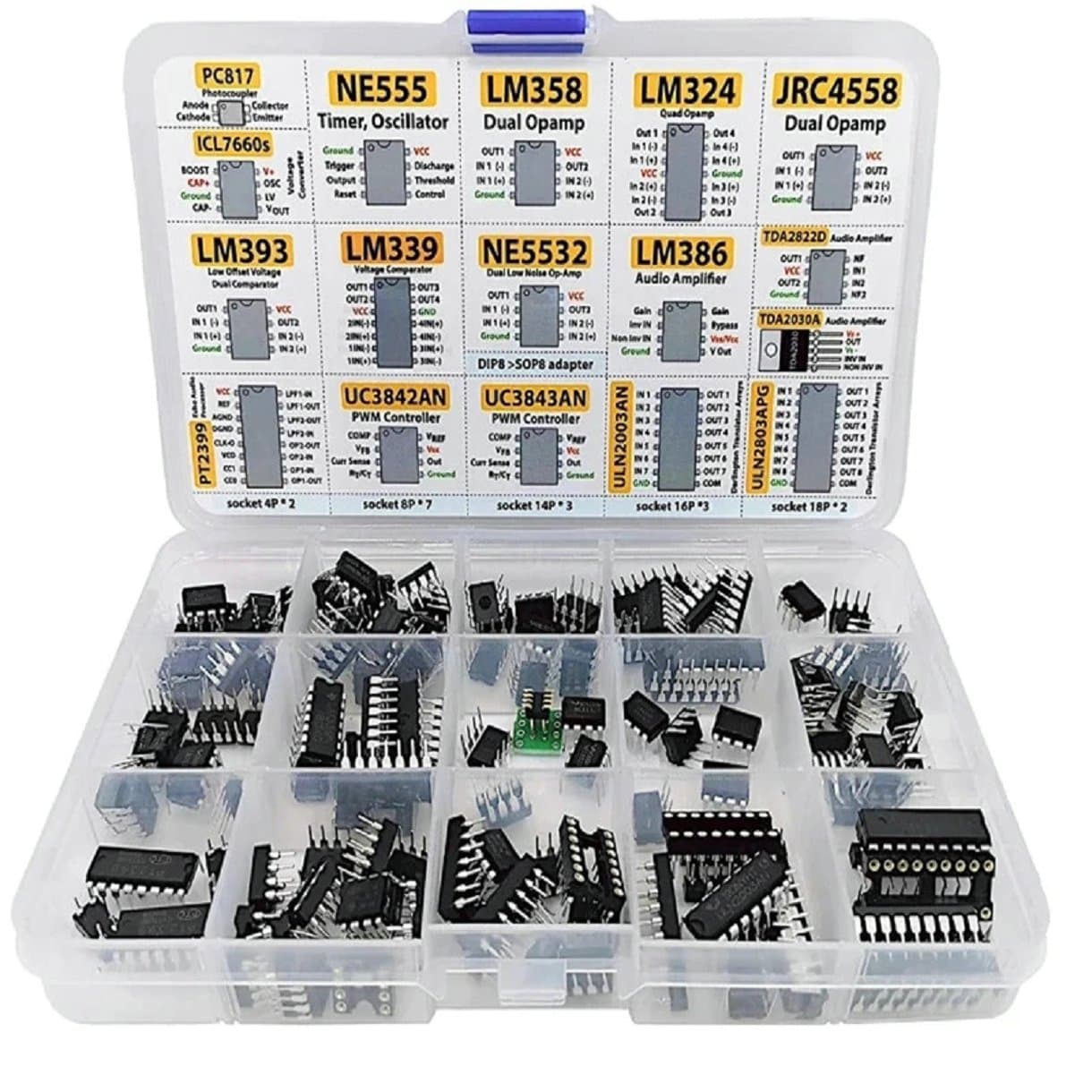XL IC Chip Assortment 150 Box Op Amp Oscillator PC817 NE555 LM358 324 — image 1