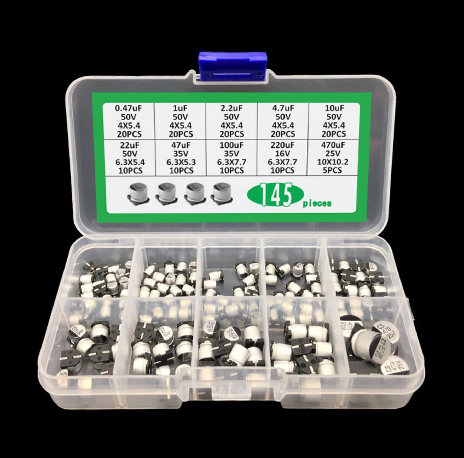 10values 145pcs SMD Electrolytic capacitor assorted kit 10V~50V 0.47uF~470uF — image 1