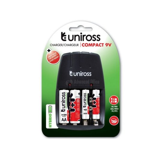 Chargeur de batterie compact AA/AAA/9V R6/R003/PP3 UNIROSS UCW001A +4Piles AA