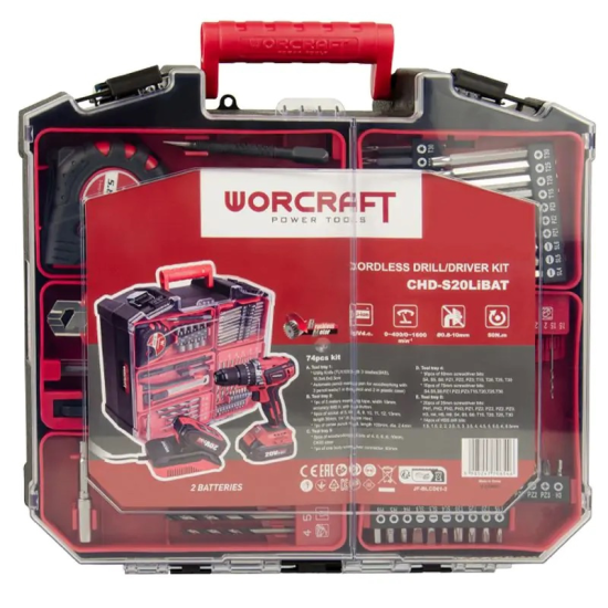 Caisse à Outils 74Pcs Avec visseuse perceuse à percussion 20V sans fil sans charbons WORCRAFT