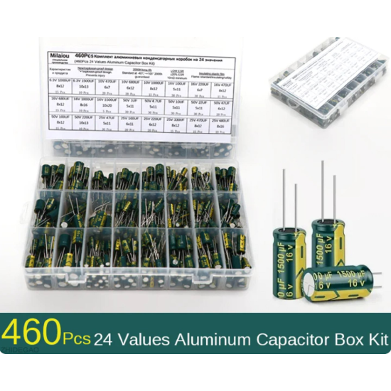 460Pcs 24Values Kit de condensateur électrolytique en aluminium 6.3V-50V 1F-1500uF