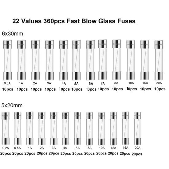 Kit d’assortiment de fusibles en verre 360PCS 6x30mm 0.5A-20A + 5×20mm 0.25A-20A