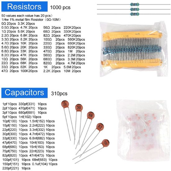 1900Pcs Mega Kit d’assortiment de composants électroniques, condensateurs, résistances, LED, transistors, diodes, 1n270 germanium, prises DC