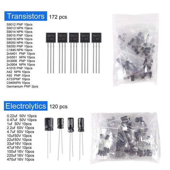 1900Pcs Mega Kit d’assortiment de composants électroniques, condensateurs, résistances, LED, transistors, diodes, 1n270 germanium, prises DC