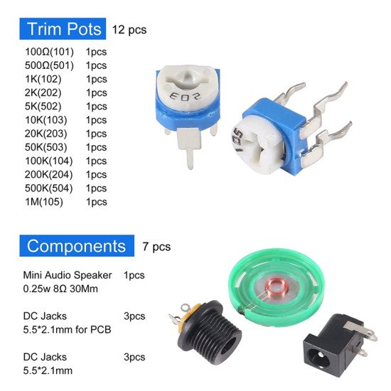 1900Pcs Mega Kit d’assortiment de composants électroniques, condensateurs, résistances, LED, transistors, diodes, 1n270 germanium, prises DC