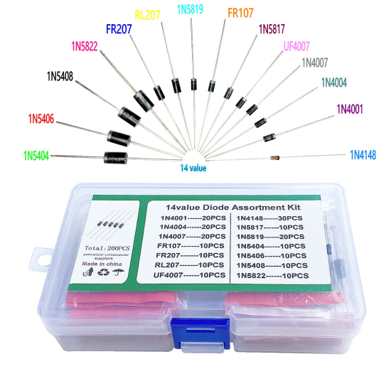 Kit d’assortiment de diodes (14 Références, Total 200 pièces)